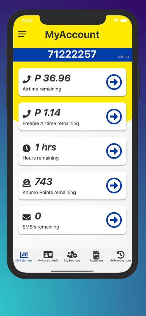 MascomOnline - MascomOnline app MyAccount screen showing airtime and point balances