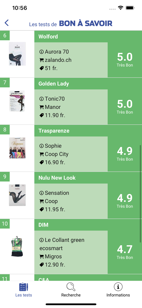Les tests de Bon à Savoir - Capture d'écran d'une application mobile affichant les résultats des tests de produits de consommation, avec notes et prix.