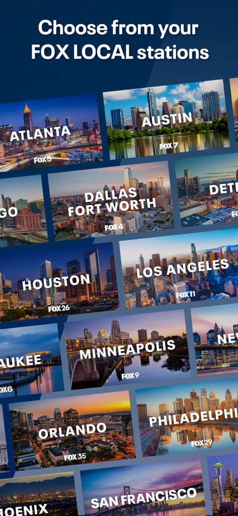 A selection screen in the FOX LOCAL app displaying various local news stations from cities like Atlanta, Austin, and Dallas.