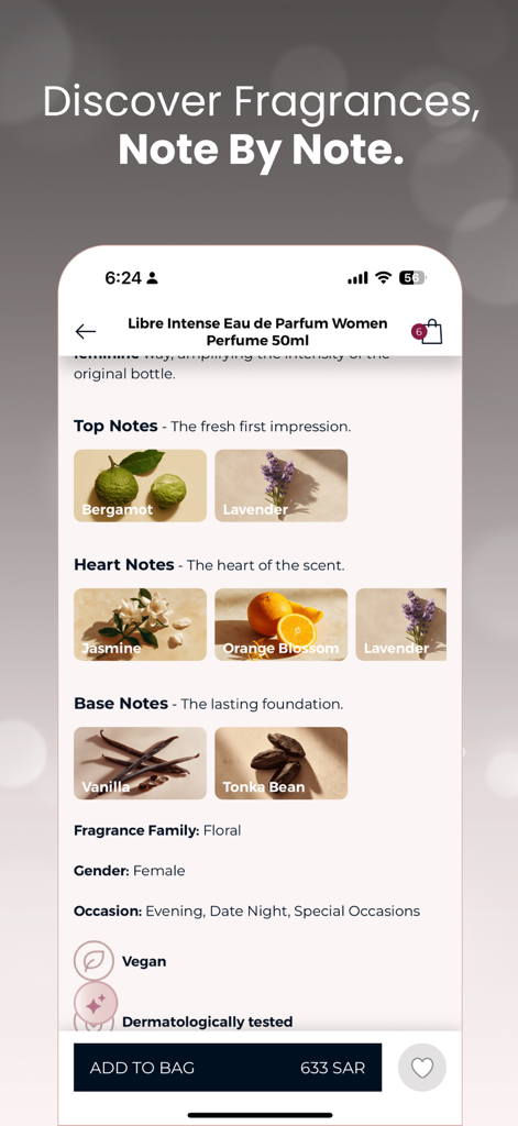 FACES Beauty – فيسز - FACES Beauty app screen showing a detailed breakdown of perfume notes for Libre Intense Eau de Parfum