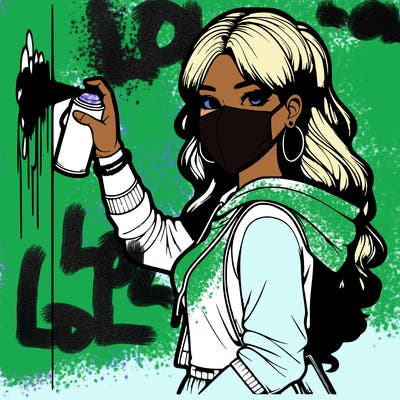 realistic girl with mask spray painting a wall