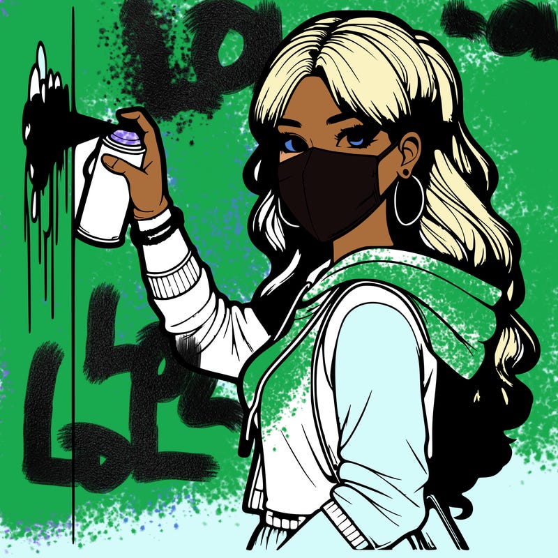 realistic girl with mask spray painting a wall