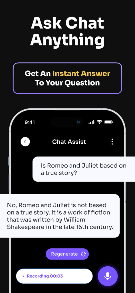 Eine mobile Oberfläche des ChatAssist KI-Chatbots, der eine Frage zu Romeo und Julia beantwortet
