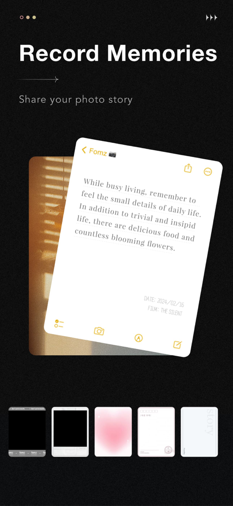 Fomz - Vintage Analog Camera - A screen showing the record memories feature of the Fomz app with a digital journal entry on the back of a vintage photo