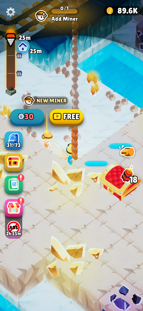 Mine Rush : Digging Adventure - Gameplay of Mine Rush: Digging Adventure showing the option to hire miners and a treasure chest.