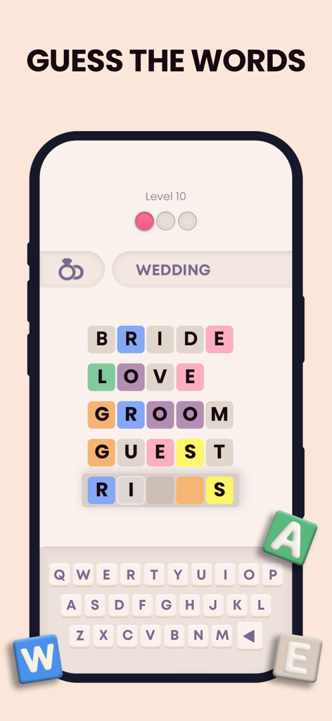 A mobile screen showing the Word Wise puzzle game with a wedding theme category and associated words like bride and love