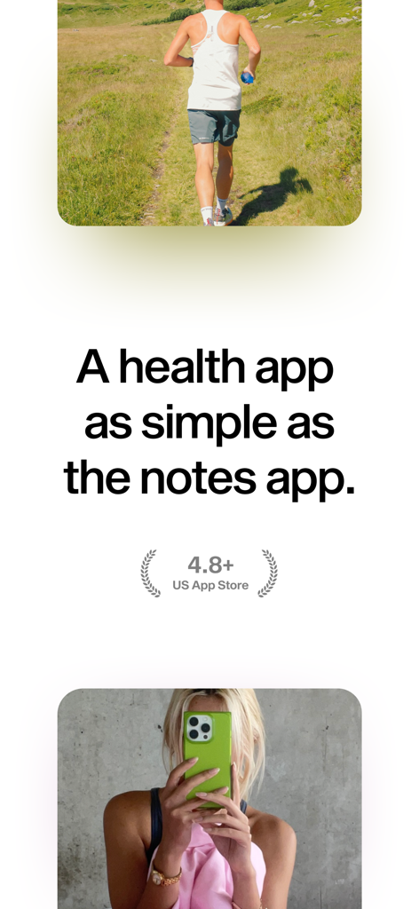 Mist - Food Journal - Mist app promotional screen with lifestyle photos and text stating it is a health app as simple as the notes app with a 4.8 plus rating.