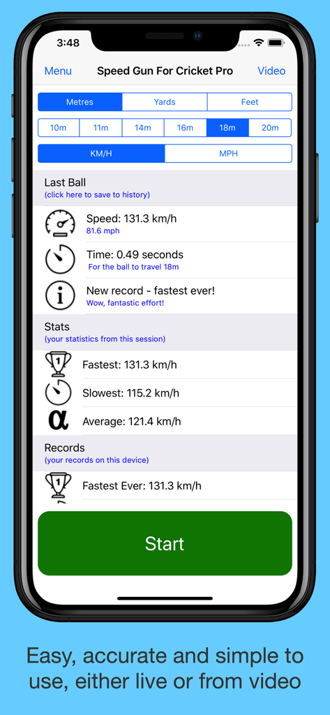 Interface de l'application Speed Gun for Cricket Pro montrant les statistiques de vitesse de lancer et les enregistrements