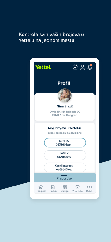 User profile interface in the Yettel SRB app displaying managed phone numbers and internet services