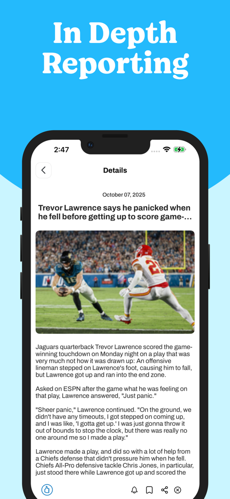 Football Nation News & Scores - Smartphone screen showing a detailed NFL news article with the heading In Depth Reporting