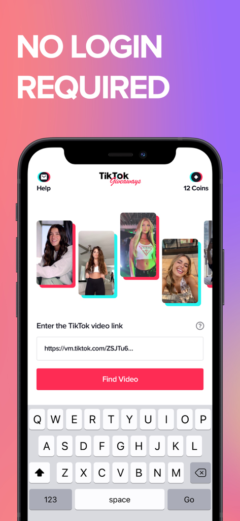 Screenshot of Giveaway Picker for Tik app interface showing the no login required message and a field to enter a TikTok video link.