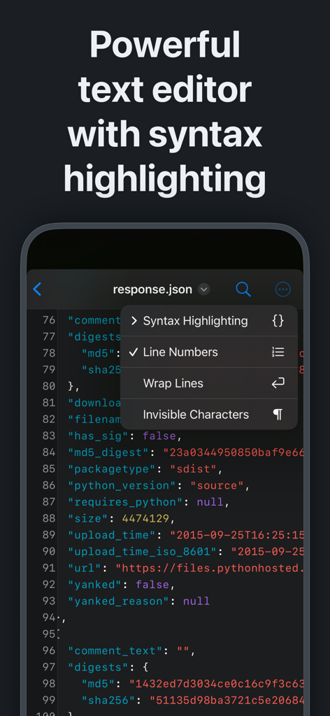 Editor de texto do aplicativo Juno com destaque de sintaxe no iPhone