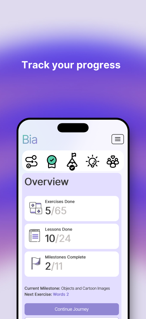 Bia - Bia app overview screen tracking progress for exercises and lessons