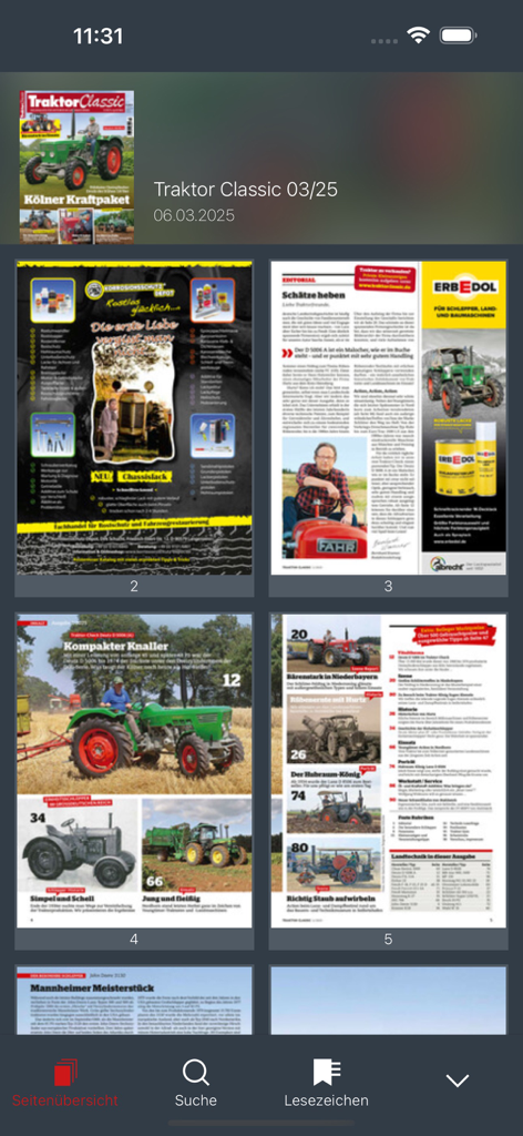 빈티지 농업 기계와 기술 기사를 특징으로 하는 Traktor Classic의 페이지를 보여주는 Fahrzeuge Classic 앱의 디지털 잡지 인터페이스