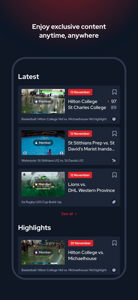 ESPORTPLUS S.L. - A screenshot of the ESPORTPLUS app showing a list of latest amateur sports matches and highlight videos for basketball and rugby