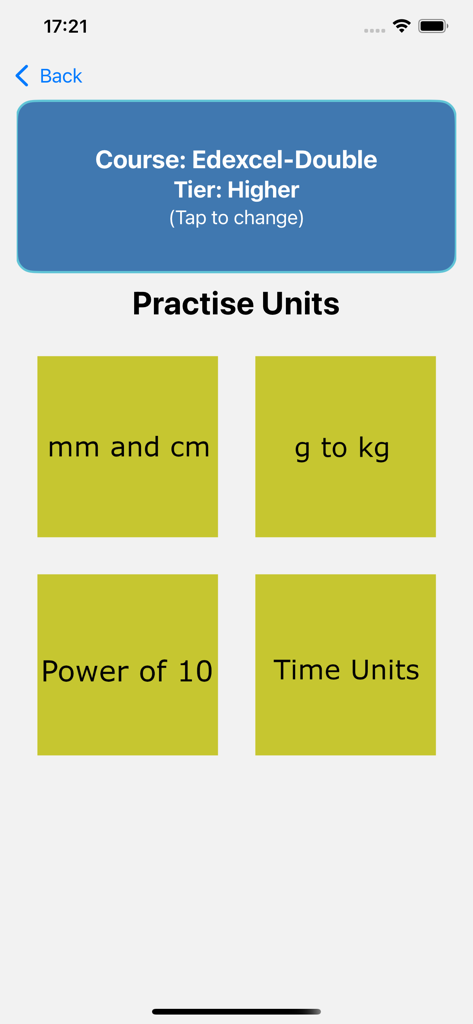 GCSE Equations Physics - A menu screen in the GCSE Equations Physics app showing options to practice unit conversions like grams to kilograms and time units.