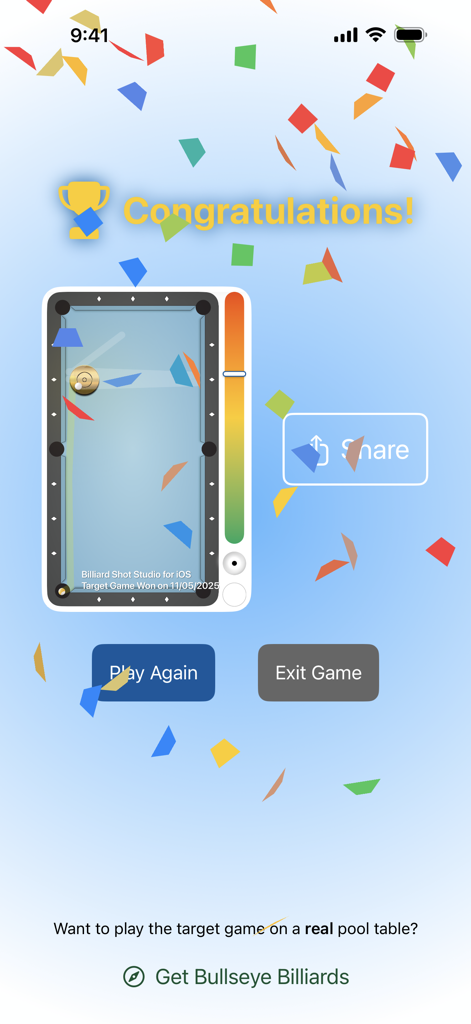 Billiard Shot Studio - Tela de sucesso no aplicativo Billiard Shot Studio após vencer o exercício de treinamento de bilhar do jogo alvo