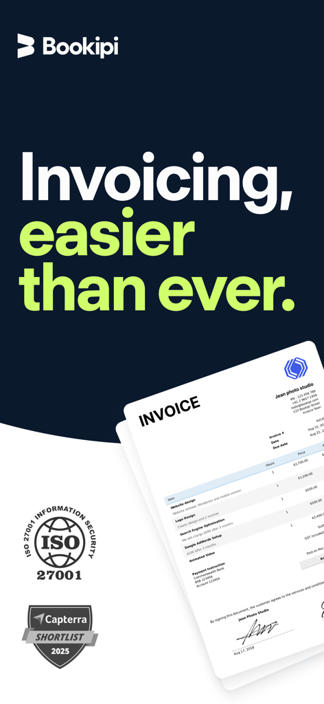 Bookipi invoicing app screen showing a sample professional invoice and security certifications