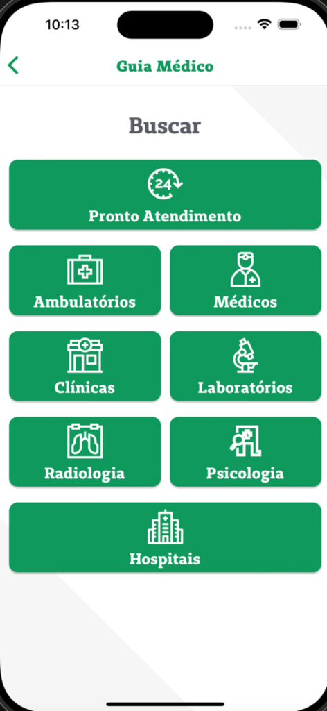 Unimed Santos - Pantalla de guía médica de Unimed Santos con categorías de búsqueda para médicos, clínicas y hospitales