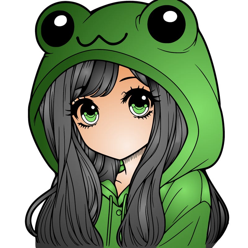 a pretty girl wearing a frog hoodie portrait with long hair