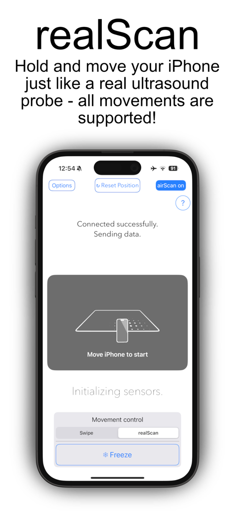 Scanbooster Control sonography - Scanbooster Control app interface demonstrating how to use a smartphone as a virtual ultrasound probe