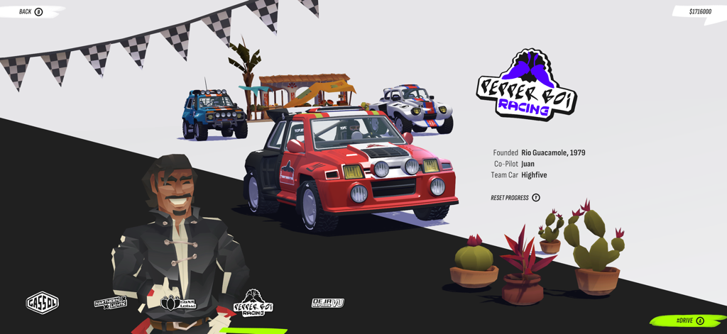 #DRIVE Rally - Pantalla de selección de equipo de #DRIVE Rally con el equipo Pepper Boi Racing, el copiloto Juan y coches de rally estilizados.