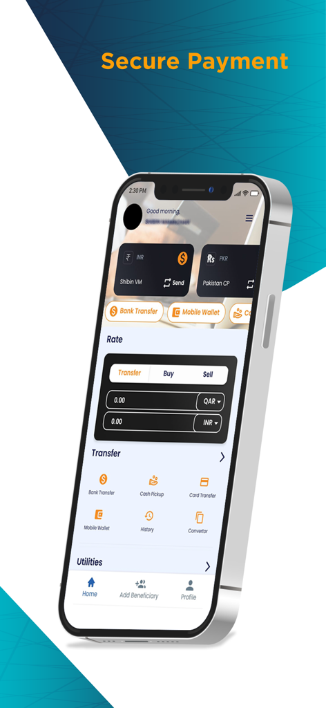 ALDAR FOR EXCHANGE WORKS - Aldar for Exchange Works app interface displaying secure payment options and exchange rates.