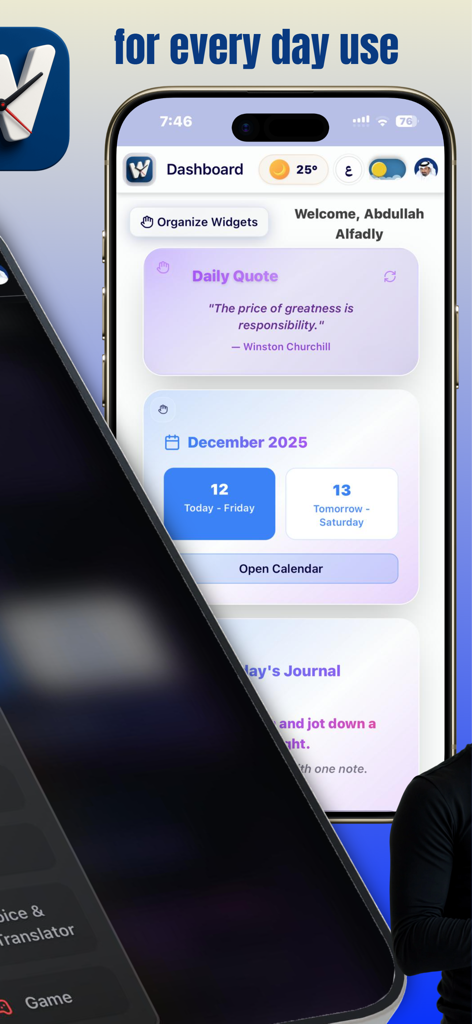 Wakti AI - Wakti AI mobile app dashboard showing daily quote calendar and journal widgets on an iPhone screen