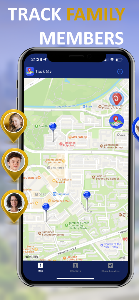 Track Me - GPS Live Tracking - Smartphone screen showing a map with live location pins for family members