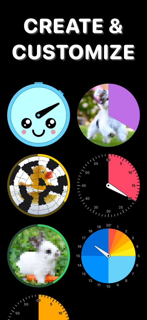 Una variedad de diseños de temporizadores visuales que incluyen piezas de puzzle, imágenes pixeladas y esferas de reloj coloridas para niños y productividad.