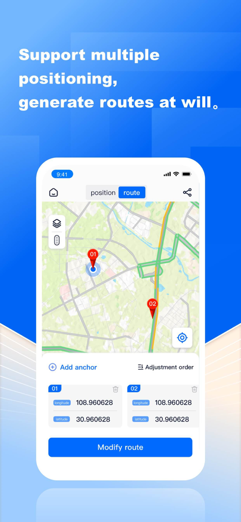 GPS Coordinates-Tools - GPS Coordinates app interface showing route planning with latitude and longitude data for multiple pins