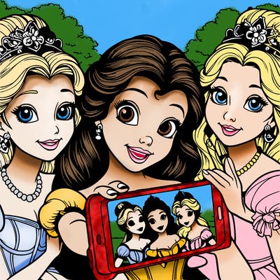 fairytale princesses who take a selfie together realistic