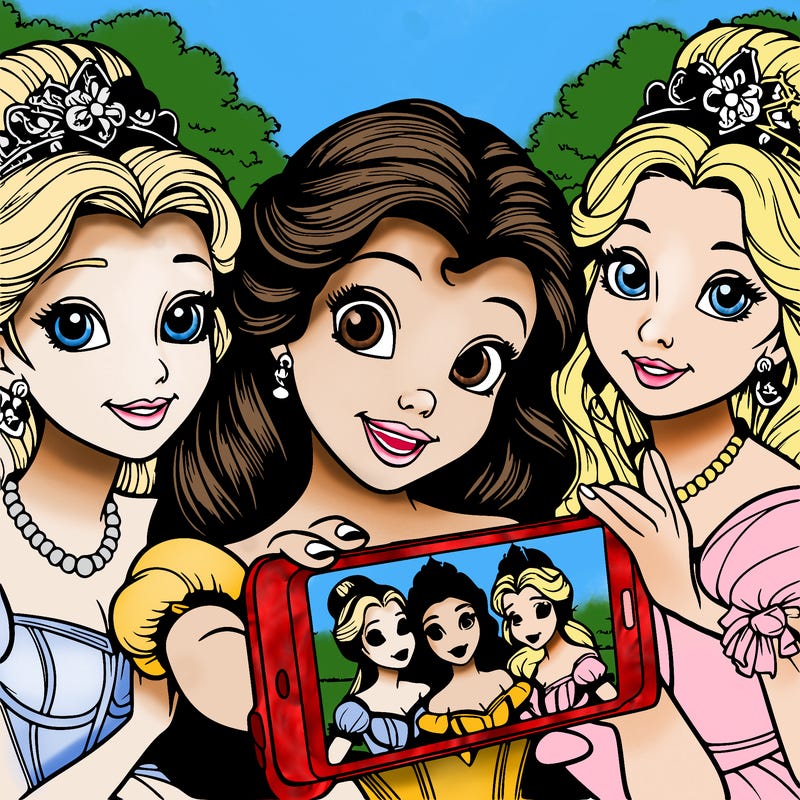 fairytale princesses who take a selfie together realistic