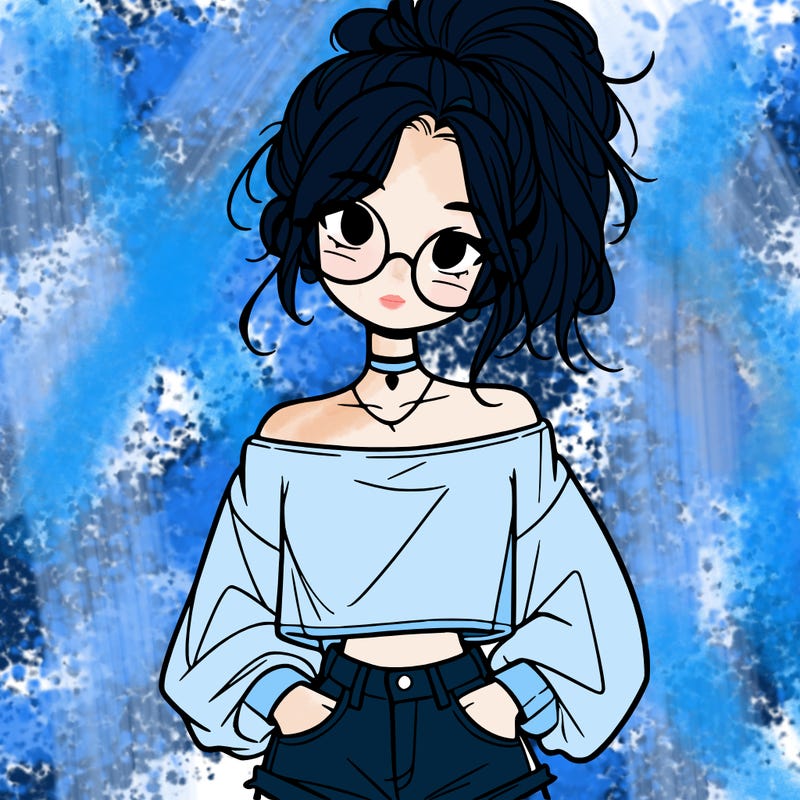 girl with a messy ponytail glasses a baggy crop top and jean shorts