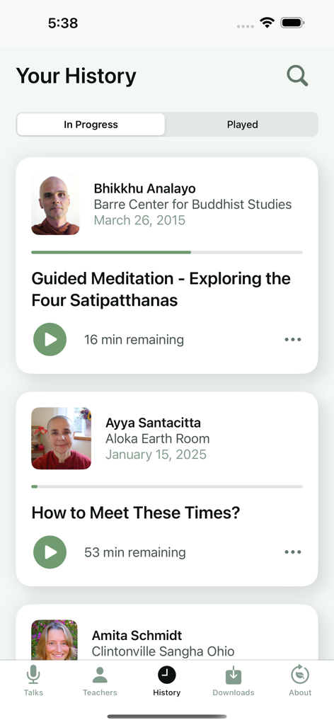 Dharma Seed - Dharma Seed app history screen showing in-progress meditation talks by various teachers