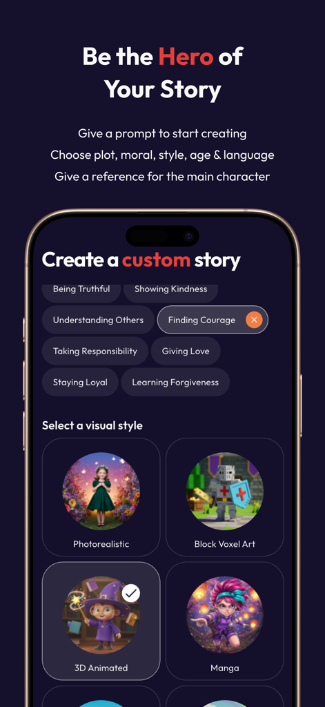 Laila: AI-Powered Storytelling - Mobile app screen for creating a custom AI story with options for moral themes and visual art styles.