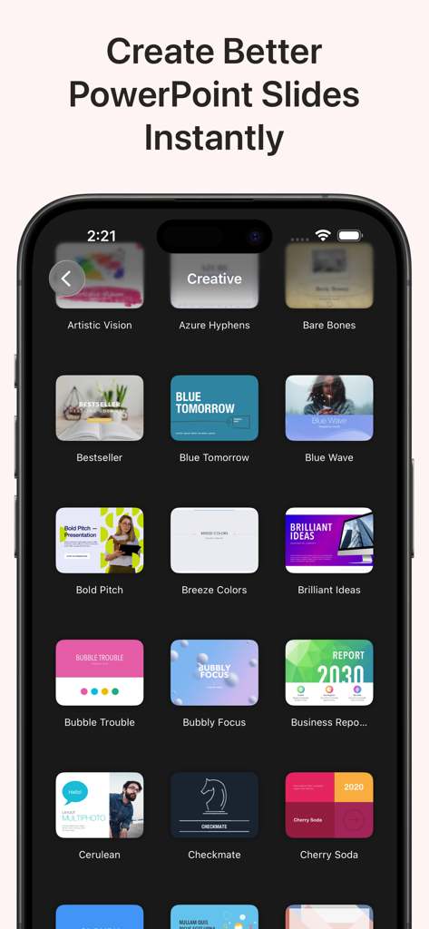 A mobile app interface displaying a collection of modern PowerPoint presentation templates.