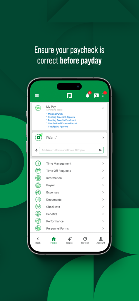 Paycom - Paycom mobile app dashboard showing payroll, time tracking, and HR features on a smartphone.