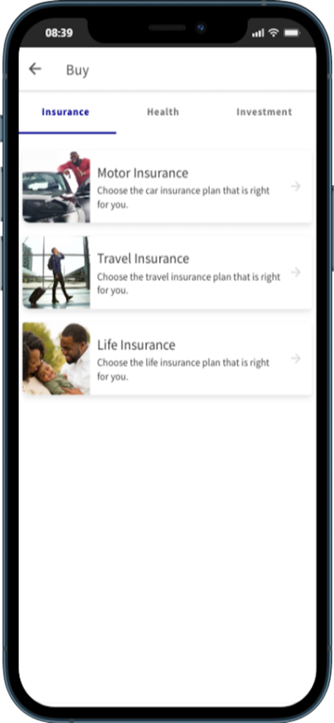 Schermata dell'app mobile MyAXA Plus per l'acquisto di polizze assicurative auto, viaggi e vita