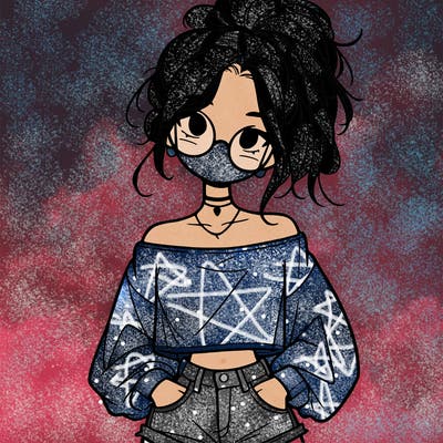 girl with a messy ponytail glasses a baggy crop top and jean shorts