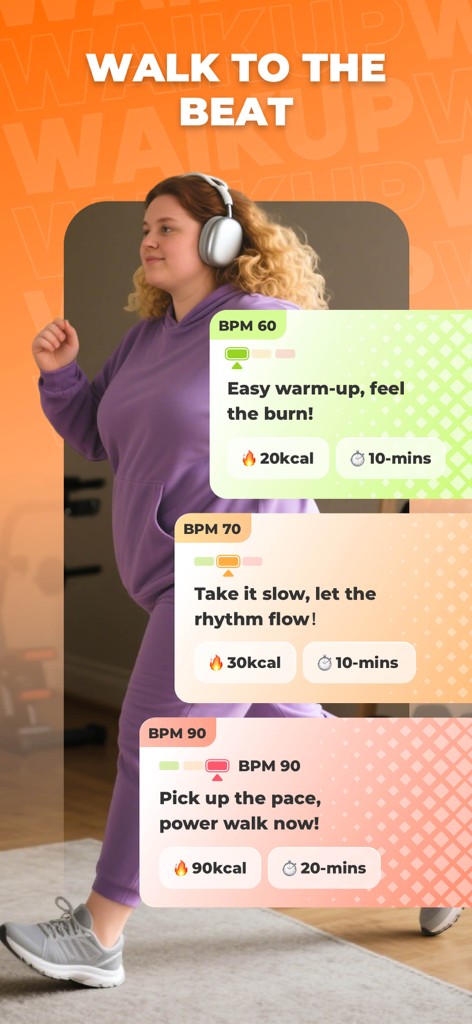 Una mujer con auriculares caminando al ritmo de música rítmica con diferentes niveles de intensidad mostrados en pantalla.