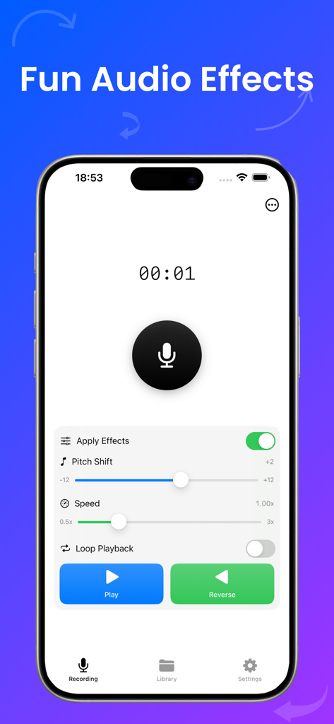 Sound Reverser: Audio Effects - Interface de l'application Sound Reverser montrant un écran d'enregistrement avec des contrôles de tonalité et de vitesse