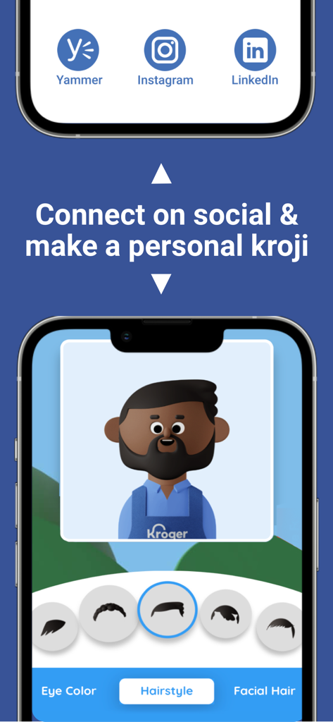 FEED Mobile - Interface for creating a personal kroji avatar and connecting to social media in the FEED Mobile app.