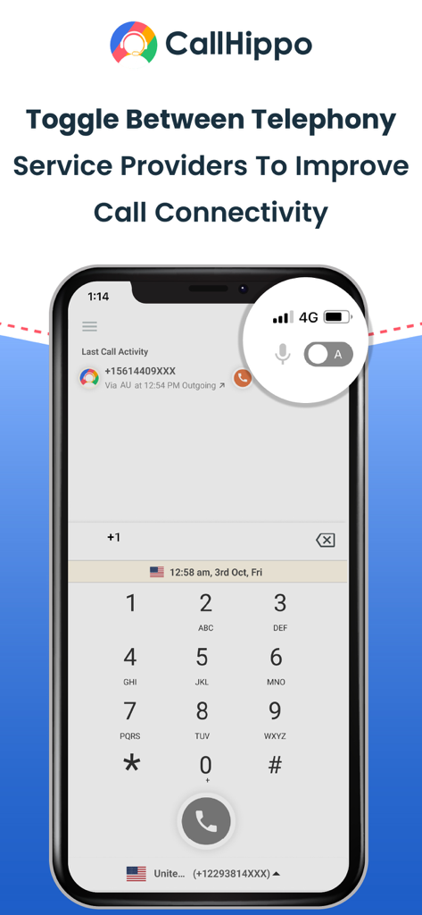 CallHippo - CallHippo app dialer interface showing the option to toggle between telephony service providers for better connectivity.