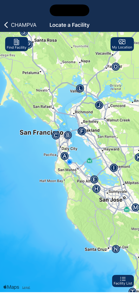 CHAMPVA app interface showing a map of VA facilities in the San Francisco area