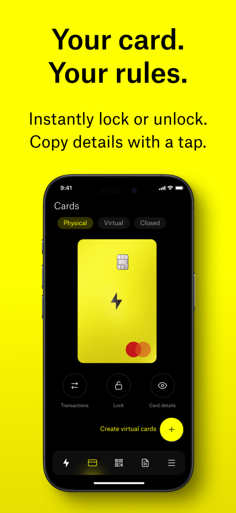 Zed Credit Card - Interface of the Zed Credit Card app on a smartphone showing physical and virtual card management options including a lock feature