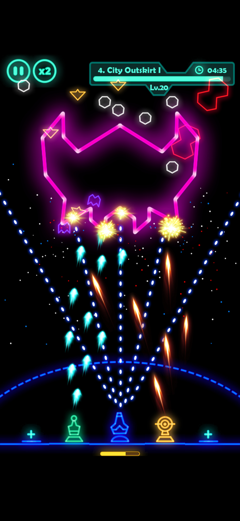 Neon space shooter gameplay in Falltopia showing a boss battle with multiple spaceships firing projectiles.