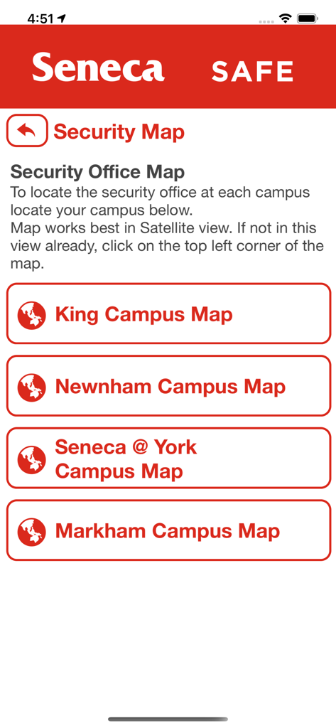 Seneca Safe app screen displaying a list of security maps for King, Newnham, Seneca at York, and Markham campuses