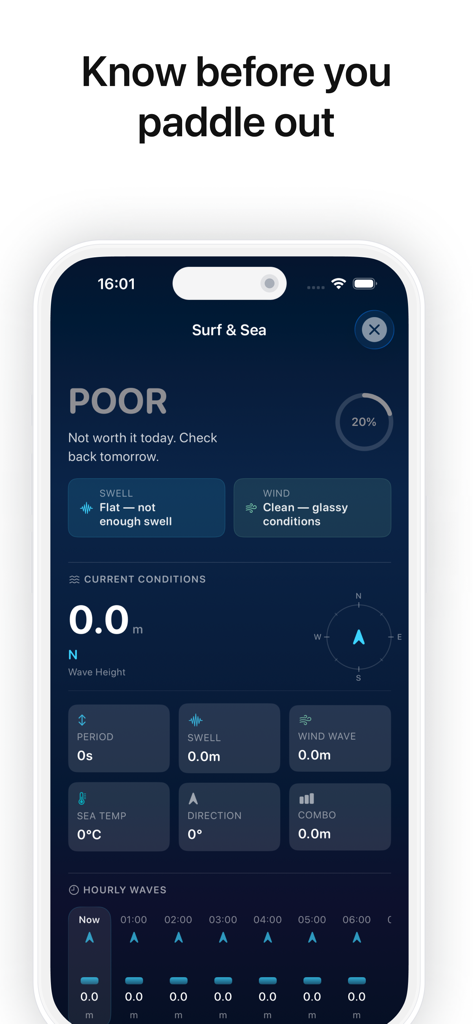 Aura — Weather & Surf - Aura app dashboard showing real-time surf conditions and marine weather data