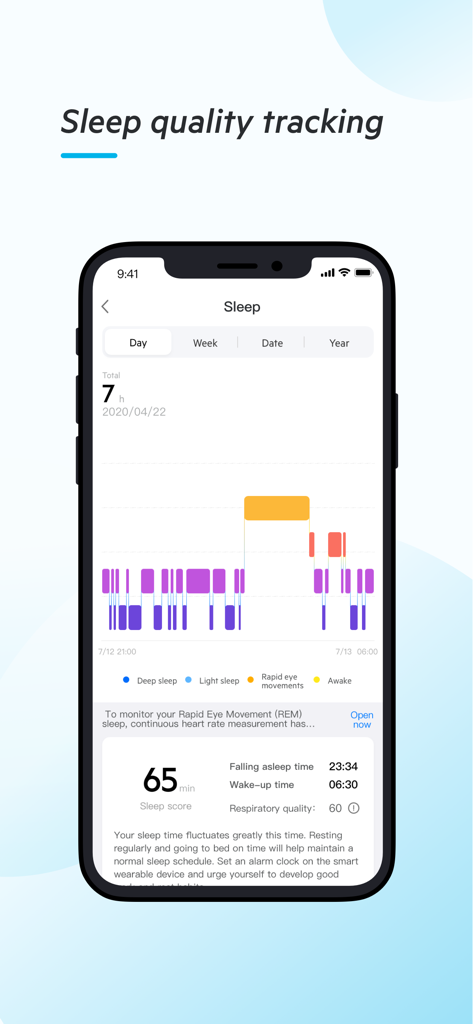 BIGGERFIVE - Smartphone screen showing the BIGGERFIVE app sleep quality tracking dashboard with sleep stages and score.